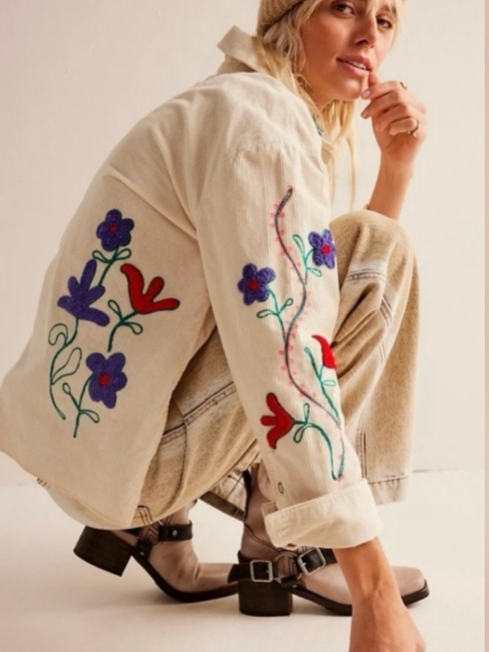 We The Free Cream Embroidered Floral Jacket